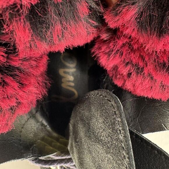 Sam Edelman Women’s Boots Bowen Black Suede Pink Fur Trim Lace Up Combat Sz 8 - Picture 6 of 7